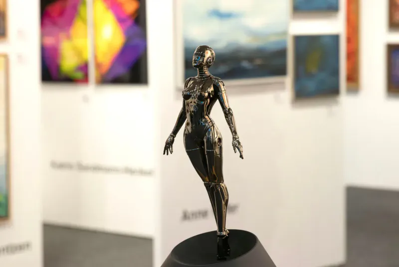 Bronze female robot sculpture with arms outstretched on black base in art gallery with colorful paintings