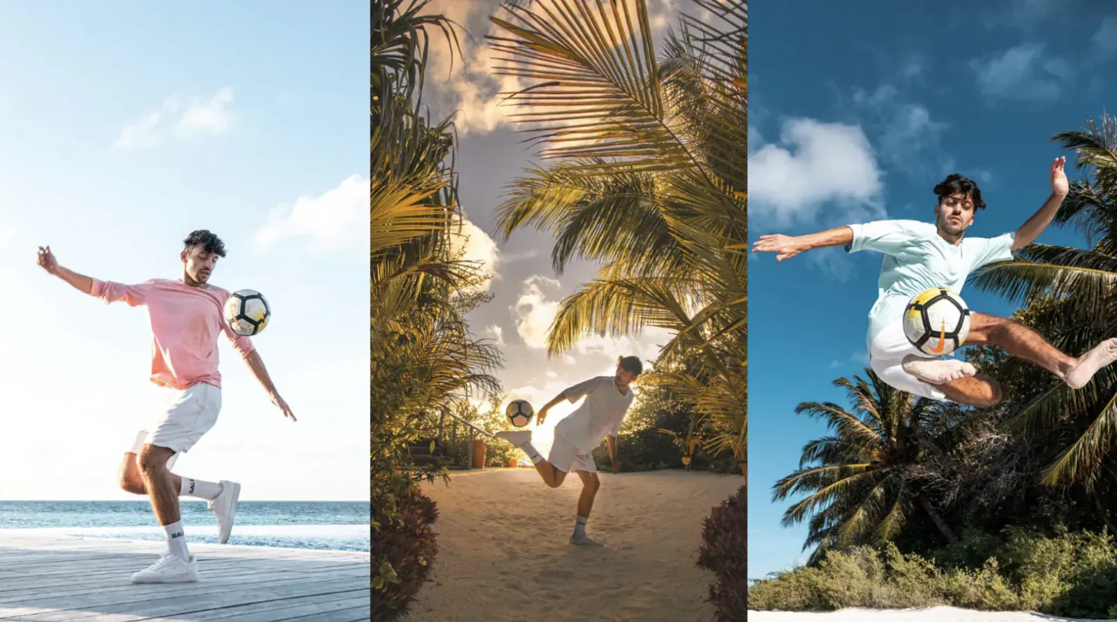 Three photos of young men playing soccer on the beach at Lily Beach Resort amid palm trees and ocean.