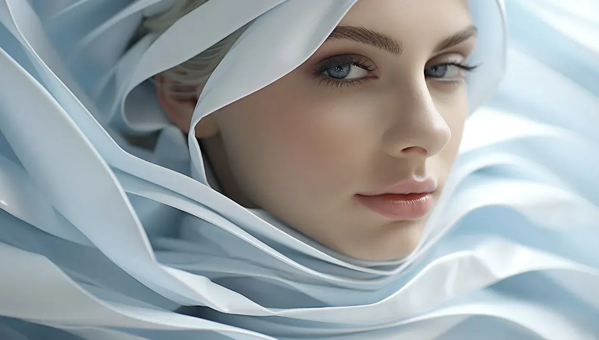 Close-up portrait of a woman with striking blue eyes and flowing white translucent veil draped around her face
