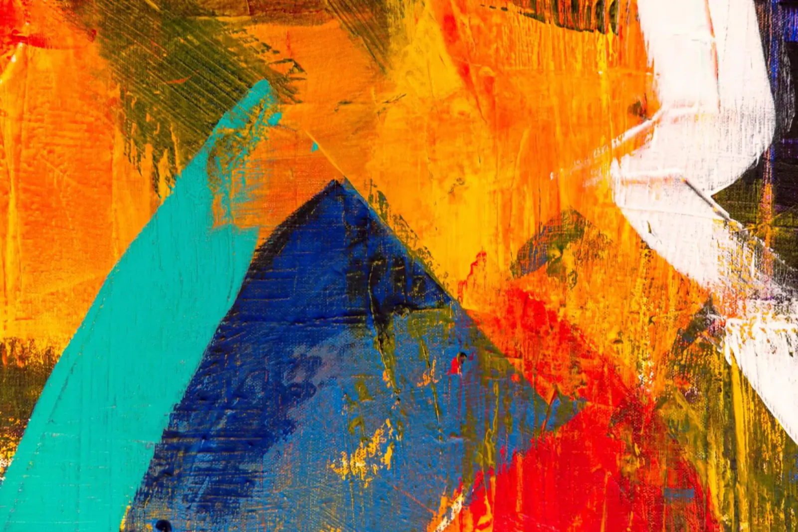 Abstract expressionist painting with vibrant orange, teal, blue, green, and white brushstrokes, Miami art feature.