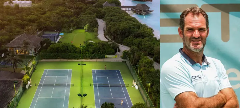 Aerial view of Hideaway Beach Resort's lush tennis courts beside smiling coach Carlos Martinez Comet, arms crossed.