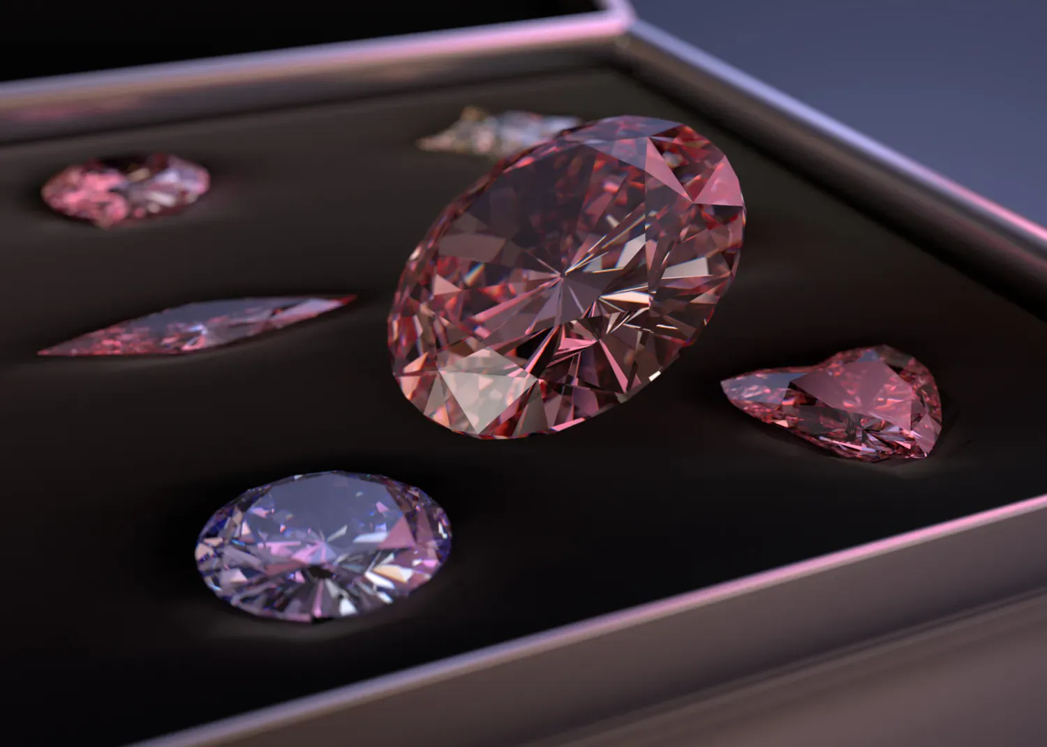 Assortment of pink and purple diamonds in various cuts displayed in an open jewelry box