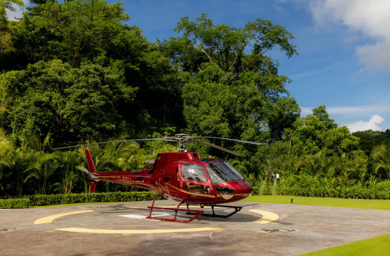 Red helicopter parked on helipad surrounded by lush tropical greenery under blue sky