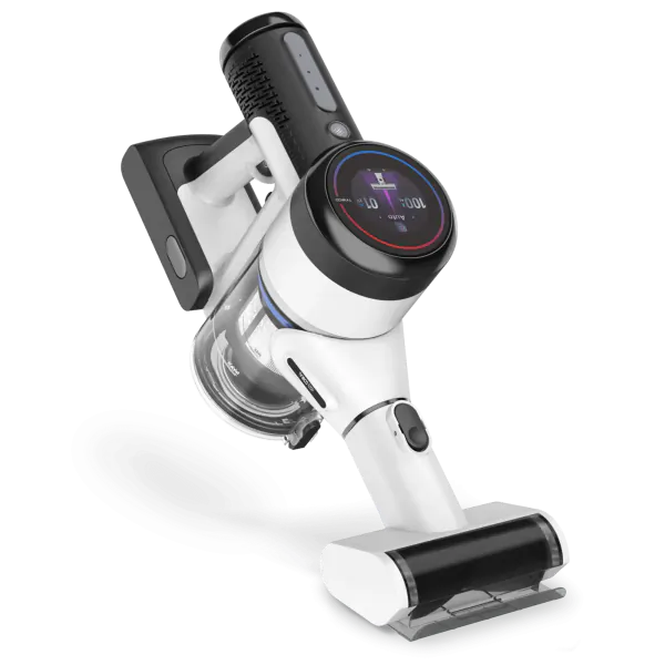 Tineco PURE ONE S15 Pro smart cordless stick vacuum with digital display and brush head, angled view.