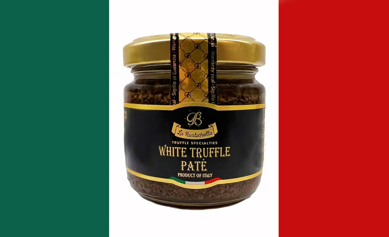 Jar of Italian white truffle pate with gold accents on black label, flanked by green-white-red flag.