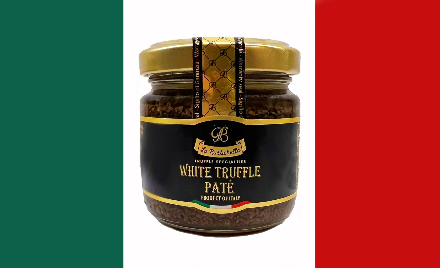 Jar of Italian white truffle pate with gold accents on black label, flanked by green-white-red flag.