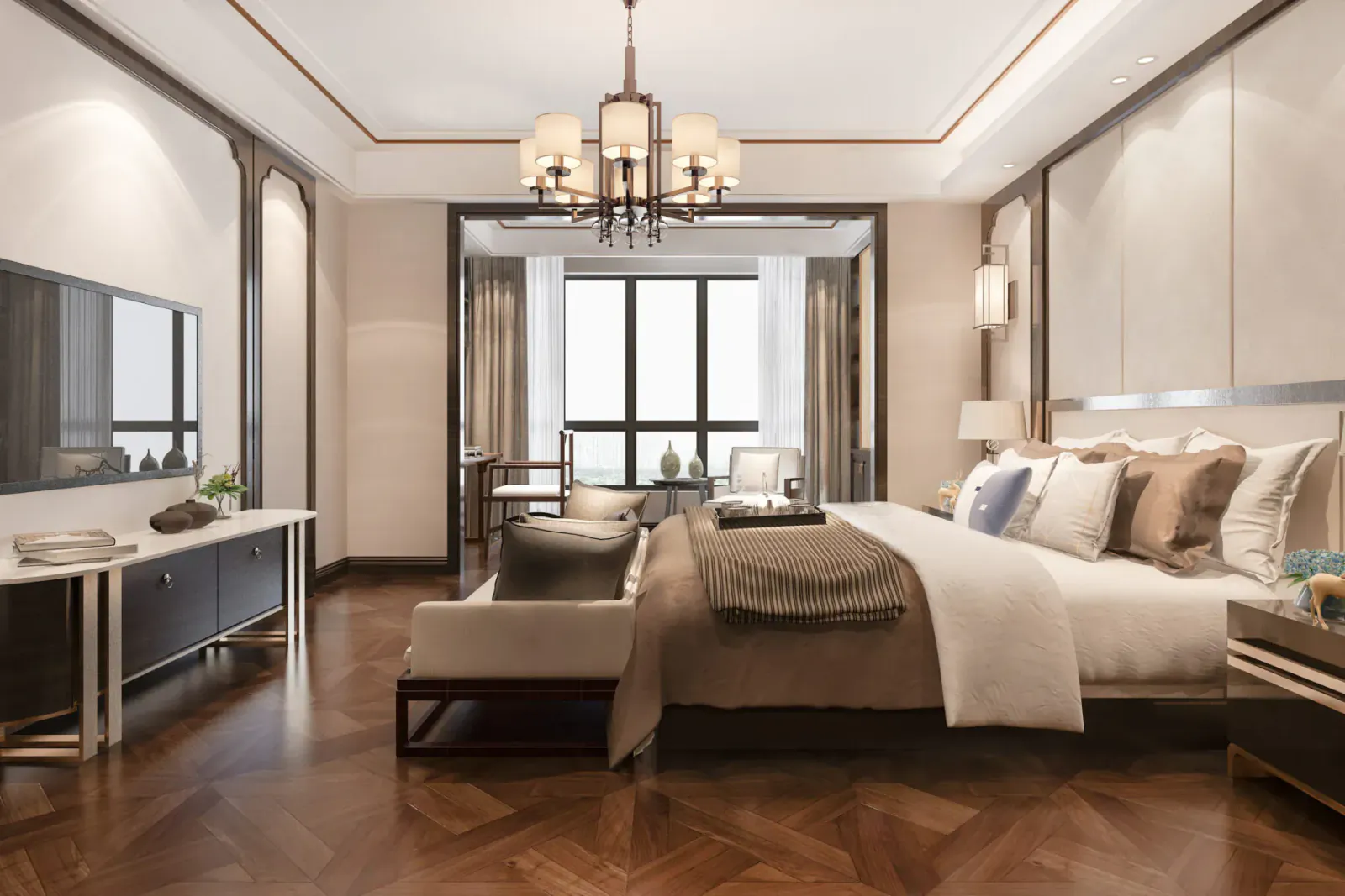 Minimalist serene bedroom with king bed, chandelier, large window, and warm wood floors.