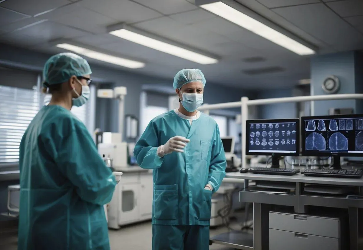 Two surgeons in green scrubs and masks discuss near X-ray screens in modern medical lab