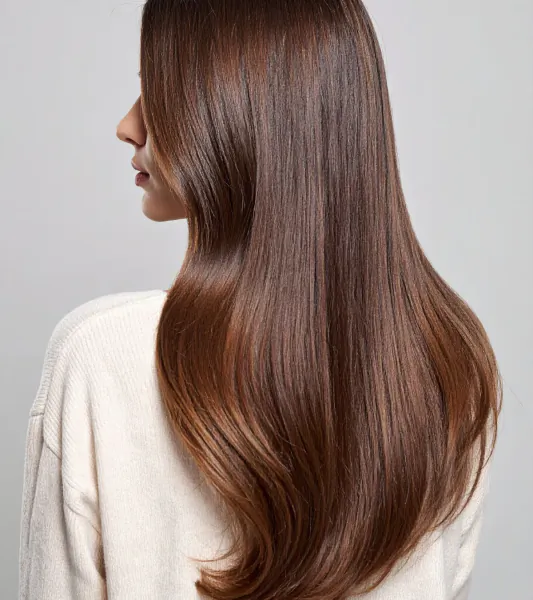 Profile view of woman with long, glossy brown hair, wearing white sweater against gray background