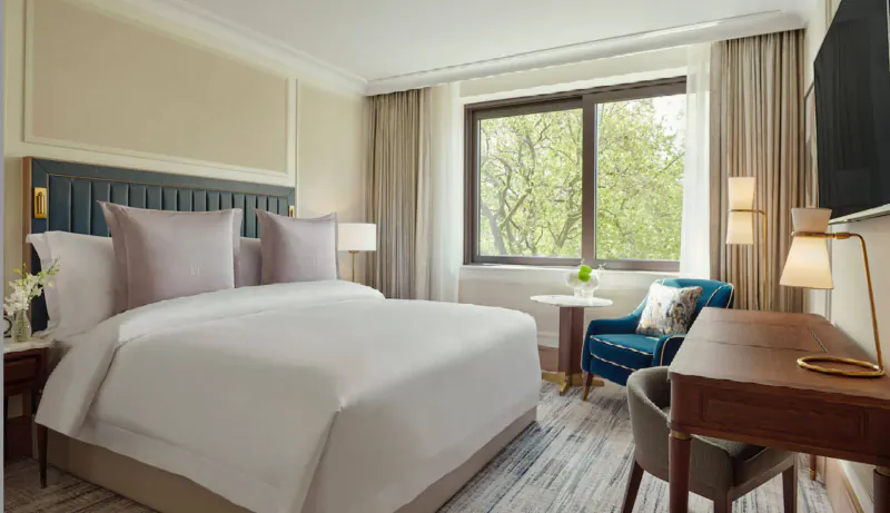 Elegant hotel room with white king bed, navy headboard, desk, chair, and tree-view window.
