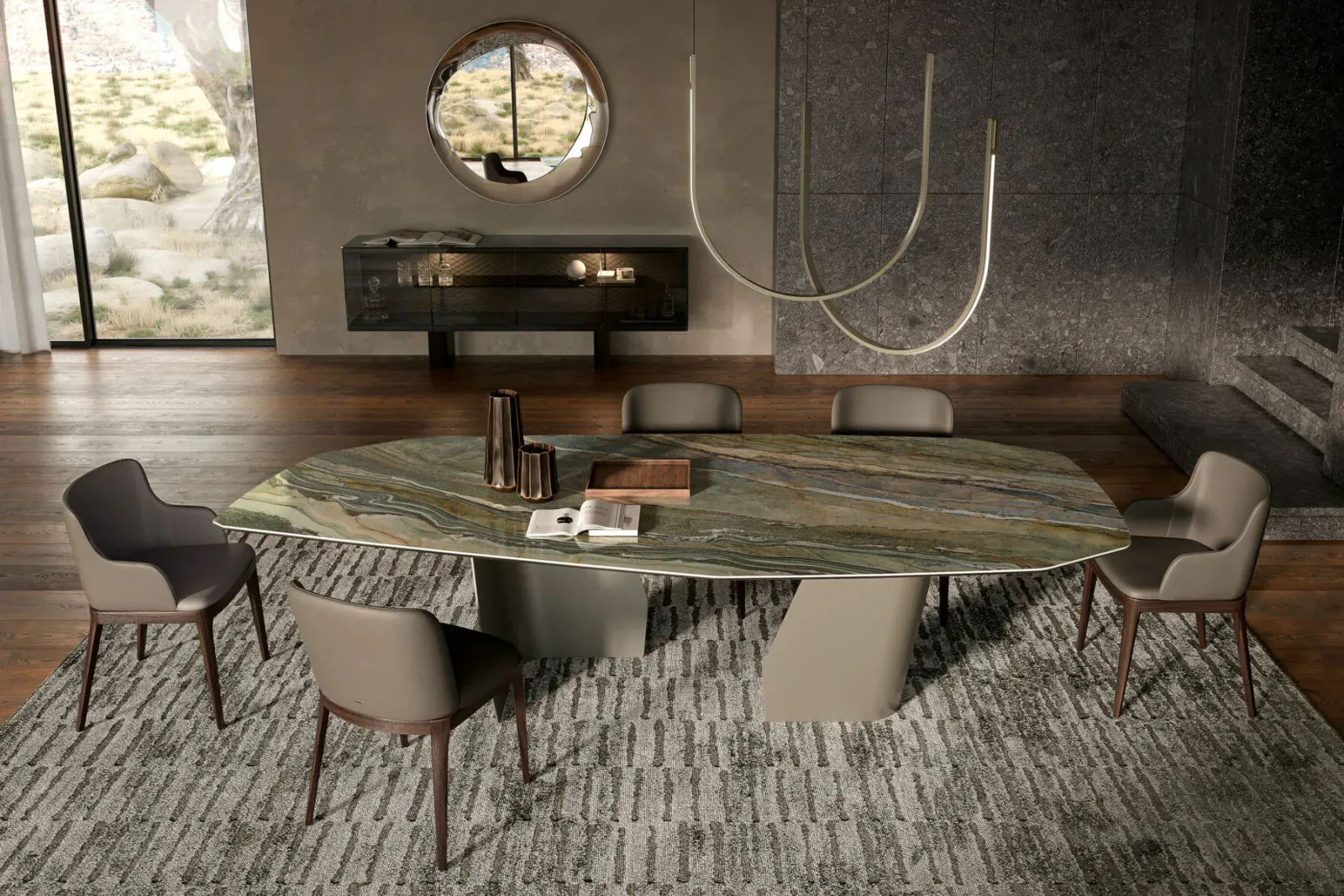 Modern oval green marble dining table with curved chairs in luxurious room with round window and pendant lights