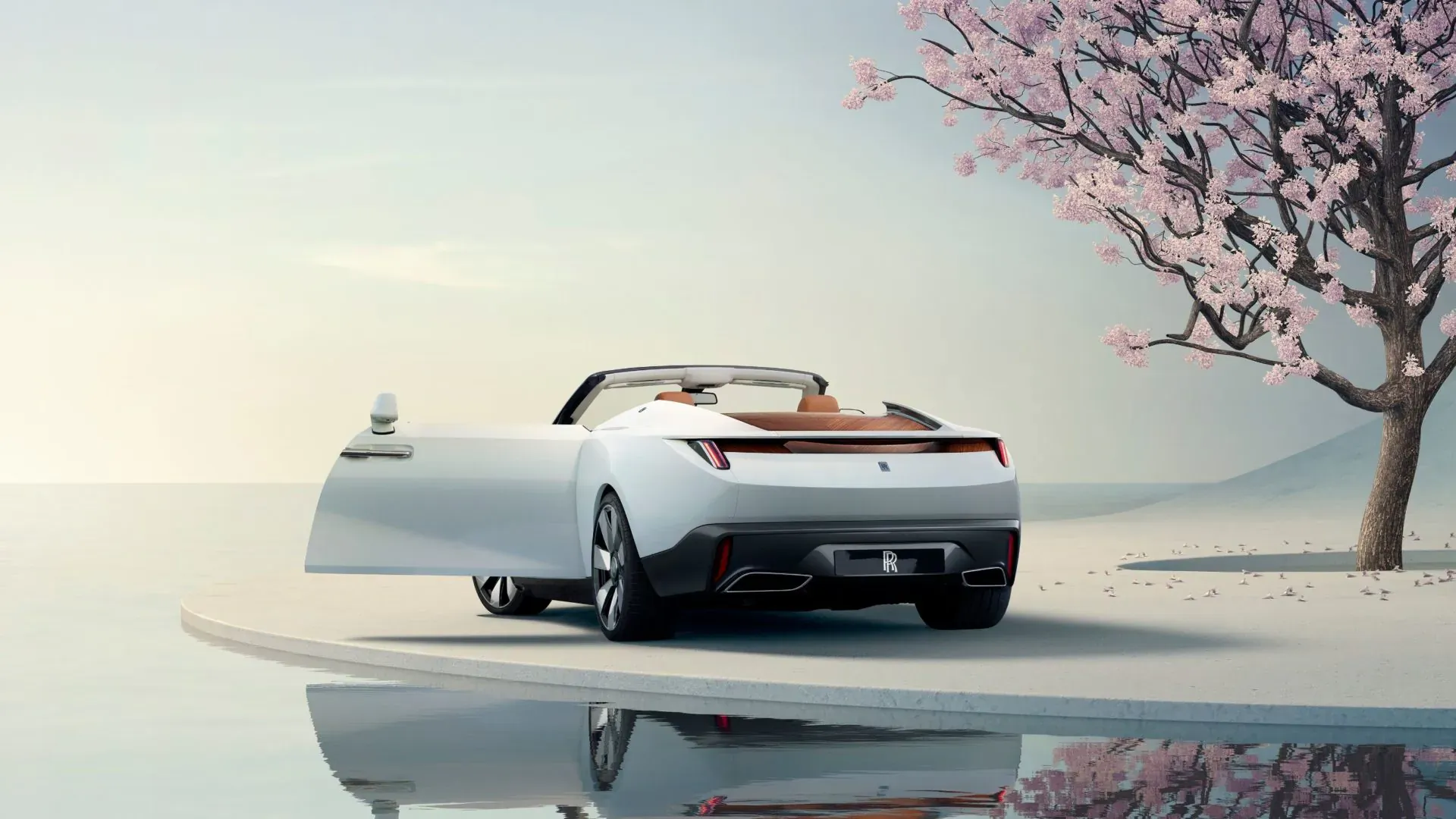 Rear view of white Rolls-Royce Arcadia Droptail convertible with open door, beside pink cherry blossoms and water reflection.