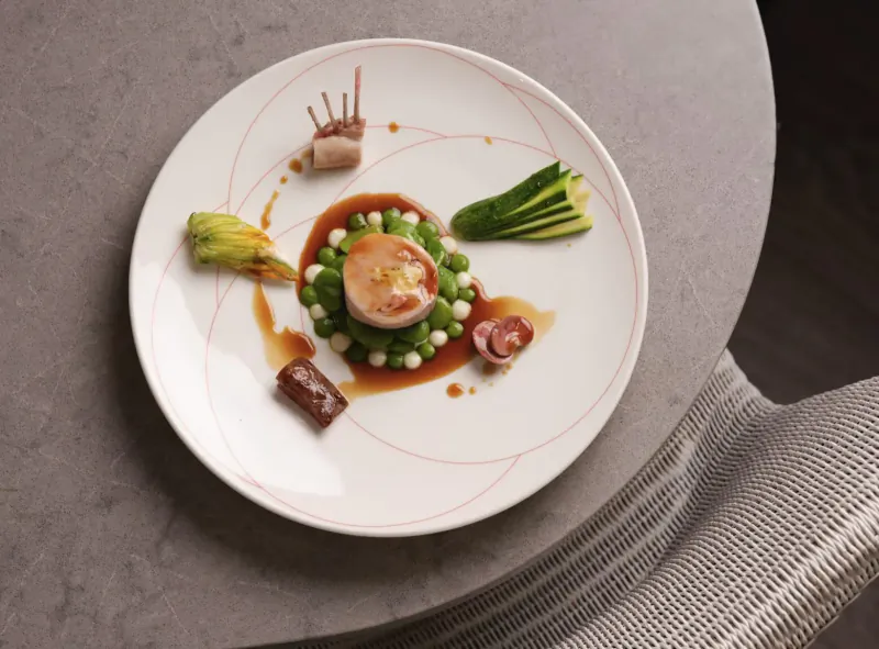 Elegant plated dish with seared foie gras, peas, cucumber, baby octopus, and sauce on white plate
