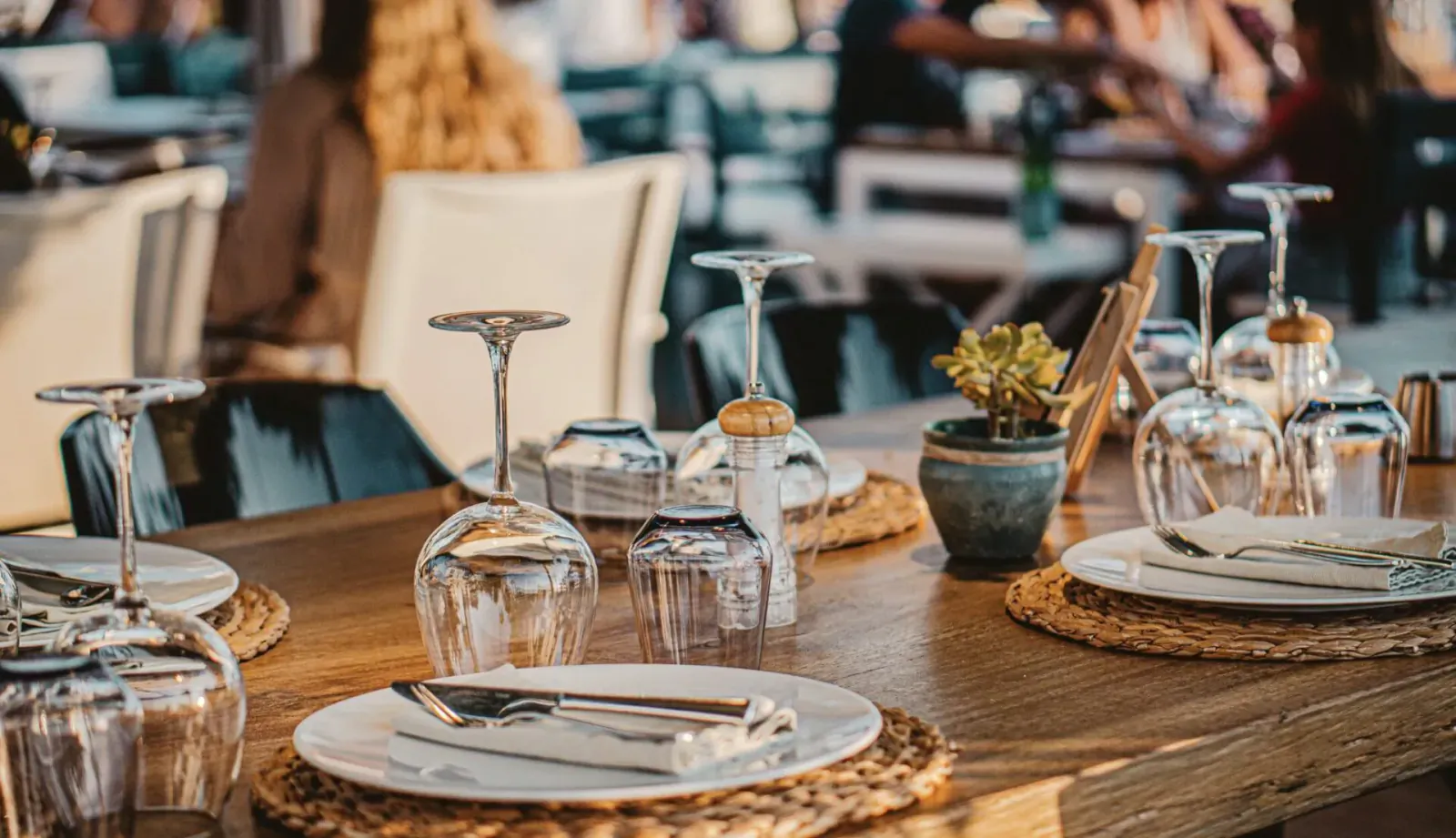 Elegant fine dining table set with wine glasses, plates, napkins, and small plant on woven placemats, outdoor blurred background