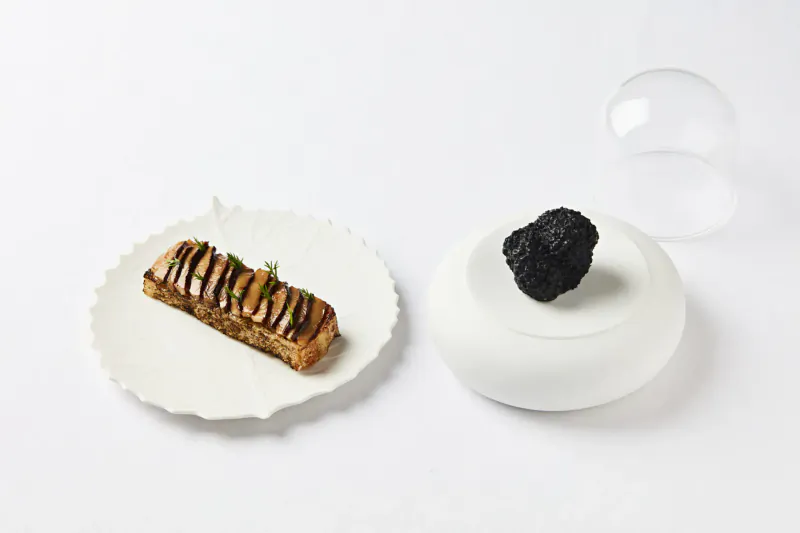 Elegant plated dessert: striped pastry bar with herbs on white plate beside black truffle under glass dome.
