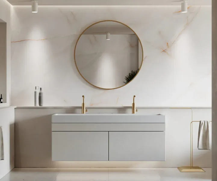 Modern bathroom with white marble walls, large round gold mirror, double white sink vanity, gold faucets, and towel stand.