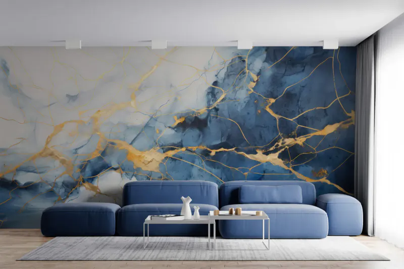 Modern living room with blue and gold marble-effect wallpaper, modular blue velvet sofa, glass coffee table, and white rug.