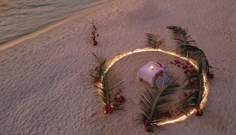 Romantic candlelit dinner table encircled by fairy lights, roses, and palms on Maldives beach at sunset