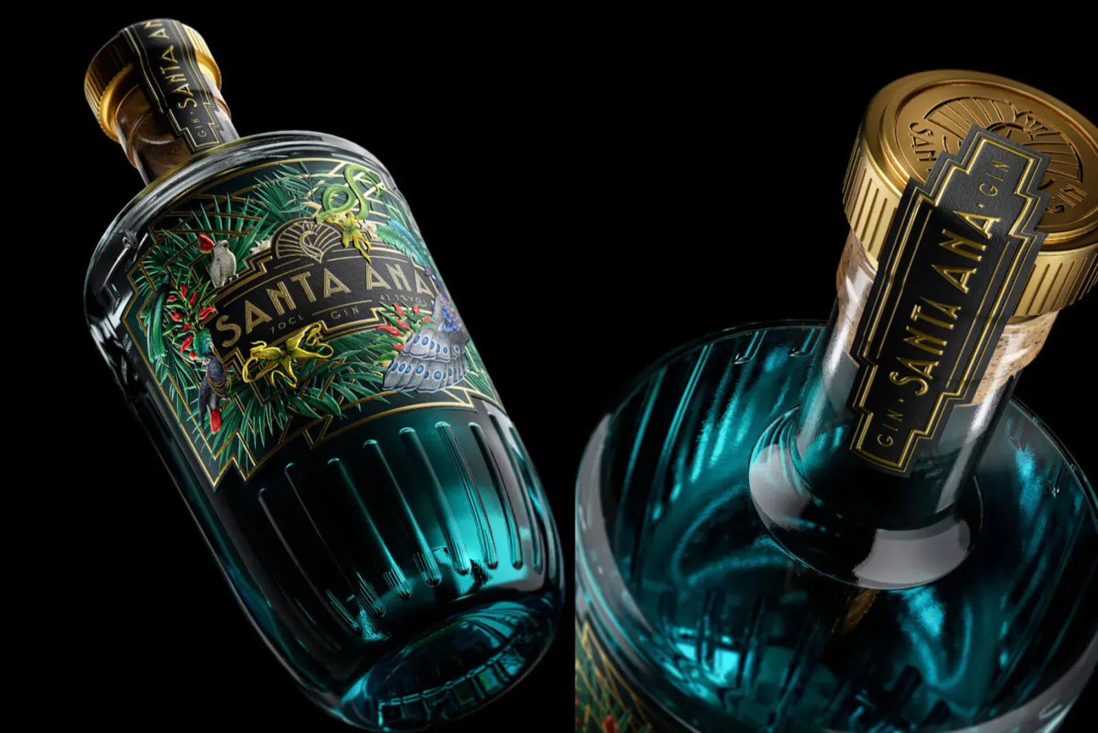 Two angled Santa Ana gin bottles with ornate green labels and gold accents on black background