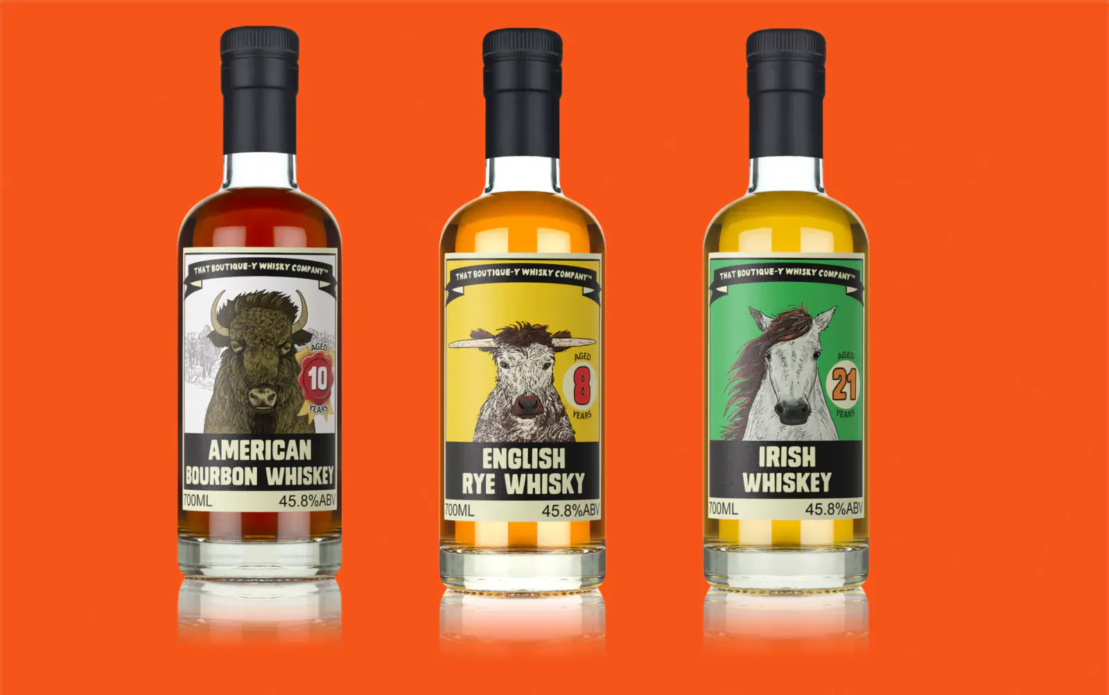 Three whisky bottles on orange background: American Bourbon with bison label, English Whisky with yellow bull, Irish Whiskey with green horse.