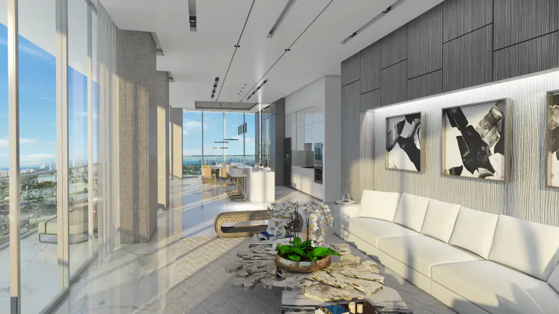 Spacious modern luxury penthouse living room with panoramic city views, white sofas, abstract art, and plants.