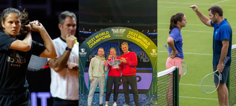 Tennis camp gallery: women players swinging racquets, group with '2023 World Tennis Champs' banner holding trophies, coach instructing on court
