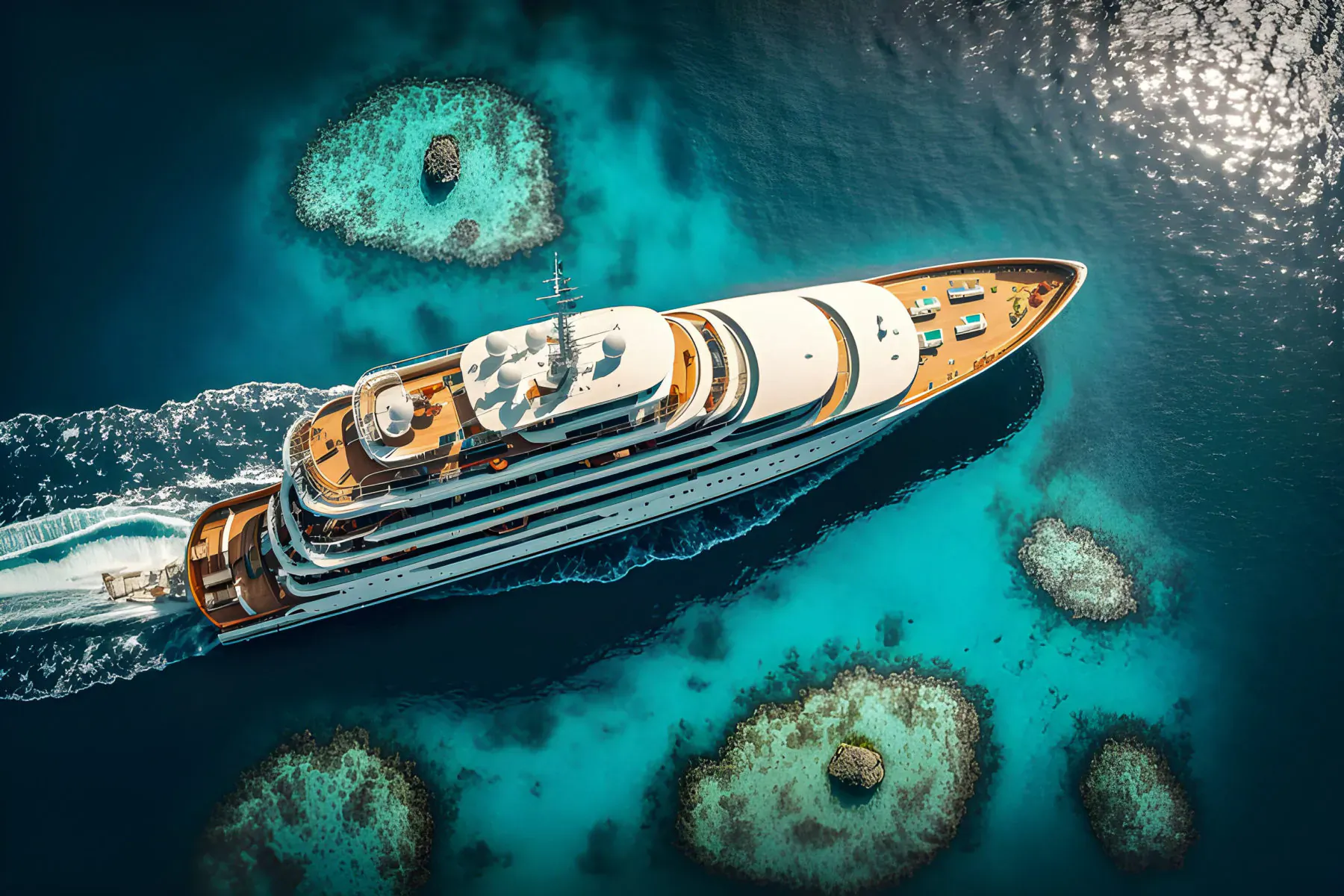 Aerial view of white luxury yacht cruising through turquoise waters near coral reefs.