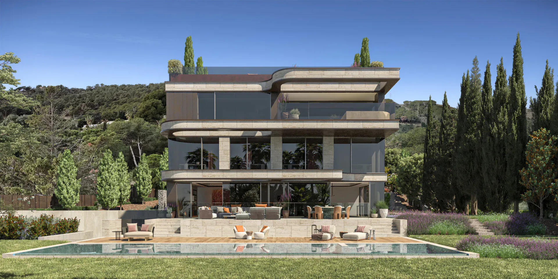 Modern ultra-luxury three-story villa with large glass windows, pool, and lounge chairs, set in lush Barcelona hillside gardens.