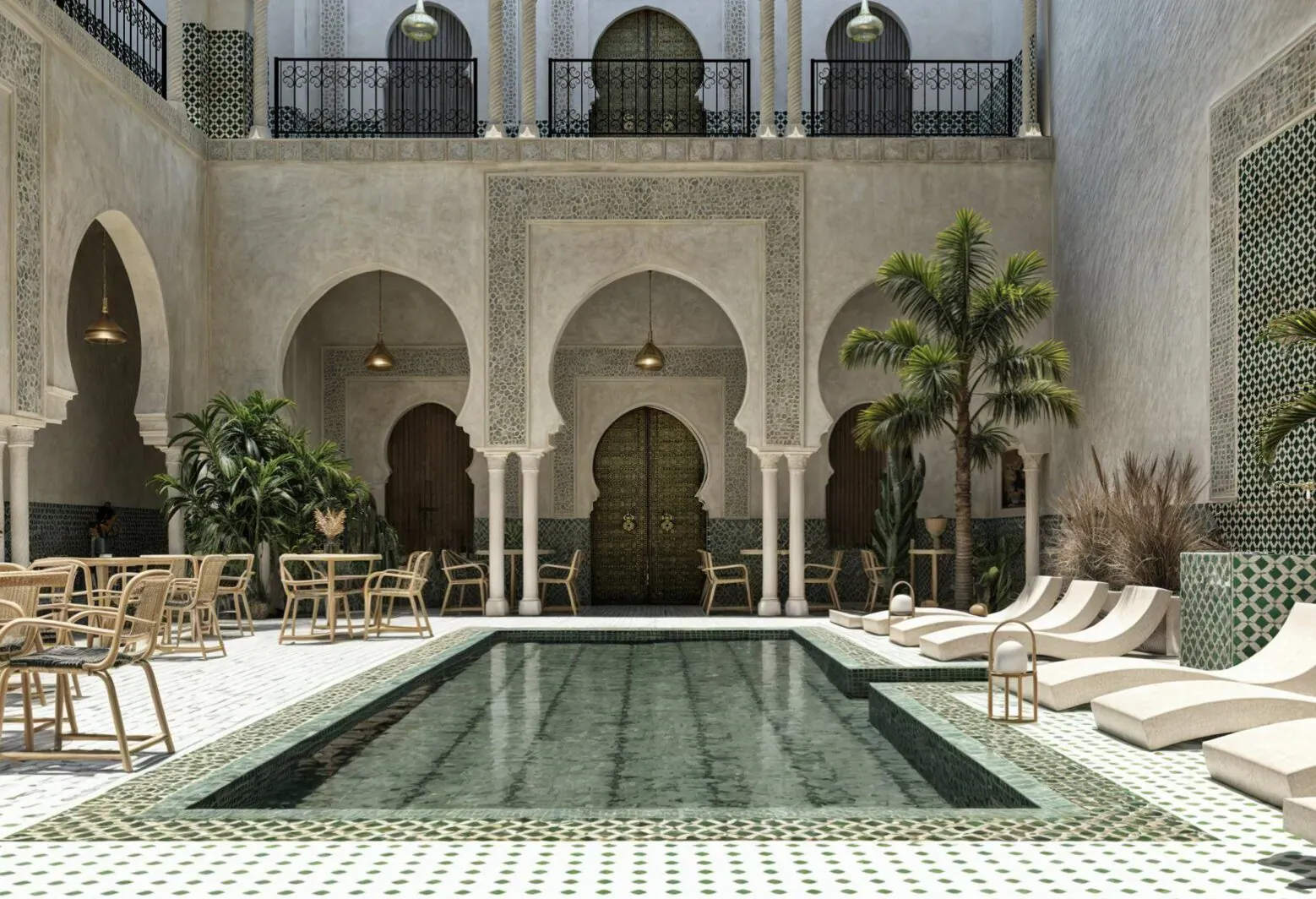 Luxurious Moroccan riad courtyard with arched walkways, potted palms, wooden chairs, and turquoise pool.