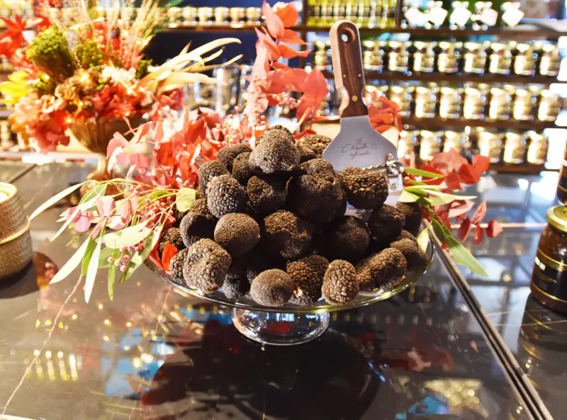 Pile of dark chocolate truffles on glass stand with spatula, surrounded by red flowers and jars in gourmet shop