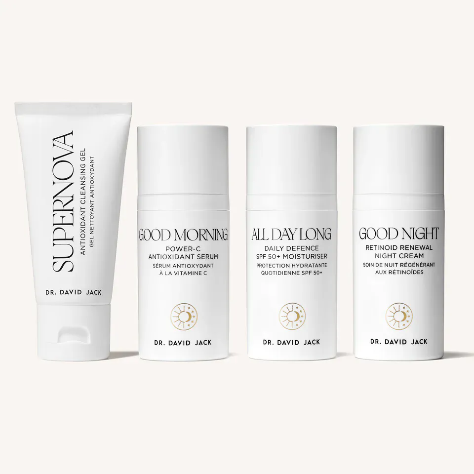 Dr David Jack Signature Discovery Set: Supernova Cleansing Gel, Good Morning Antioxidant Serum, All Day Long Moisturiser SPF50, Good Night Retinol Cream.
