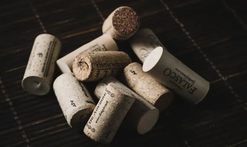 Pile of used wine corks with 'FALCO' branding on dark bamboo surface